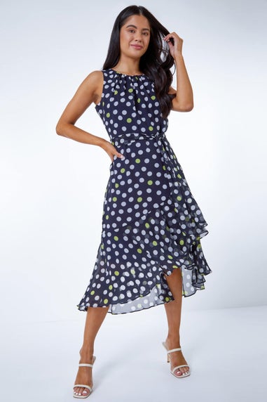 Roman Petite Navy Petite Spot Print Frill Trim Dress