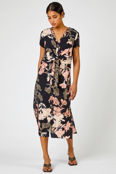Roman Black Tropical Print Tie Knot Detail Dress