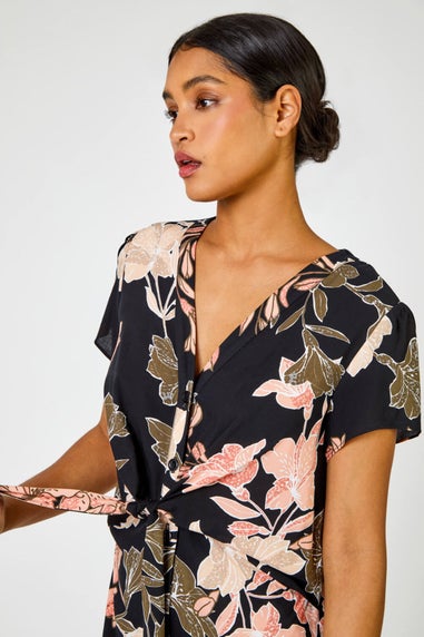 Roman Black Tropical Print Tie Knot Detail Dress