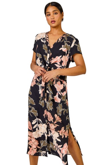 Roman Black Tropical Print Tie Knot Detail Dress