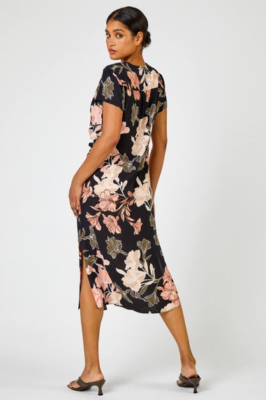 Roman Black Tropical Print Tie Knot Detail Dress