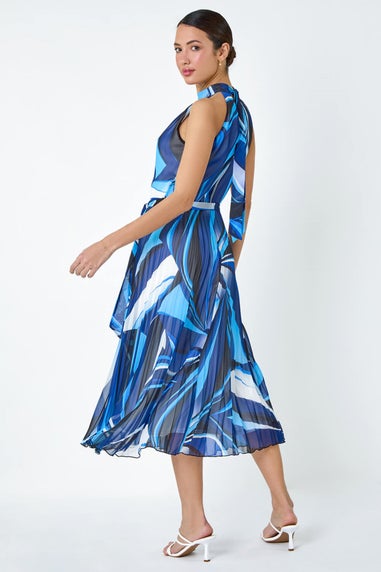 Roman Navy Abstract Print Pleated Chiffon Midi Dress