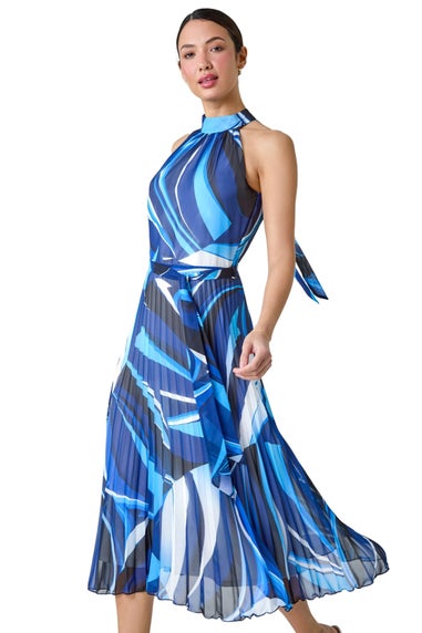 Roman Navy Abstract Print Pleated Chiffon Midi Dress