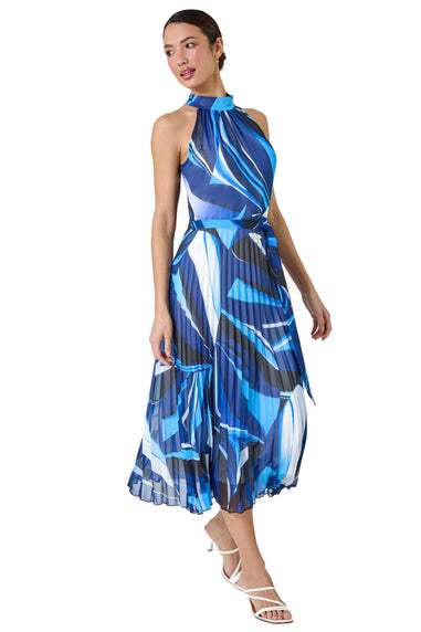 Roman Navy Abstract Print Pleated Chiffon Midi Dress