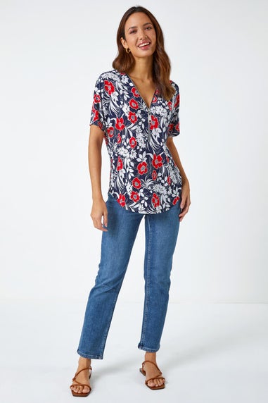 Roman Red Textured Floral Print Zip Top