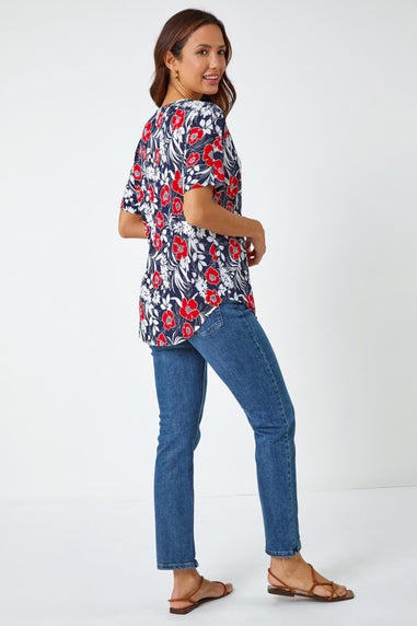 Roman Red Textured Floral Print Zip Top