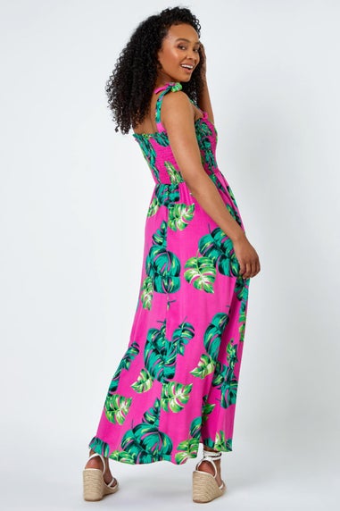 Roman Petite Pink Petite Tropical Print Shirred Maxi Dress