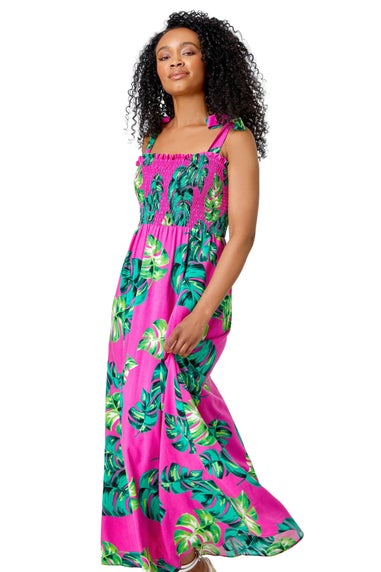 Roman Petite Pink Petite Tropical Print Shirred Maxi Dress