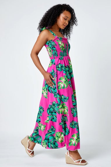 Roman Petite Pink Petite Tropical Print Shirred Maxi Dress