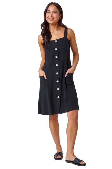 Roman Petite Black Petite Button Front Pocket Dress