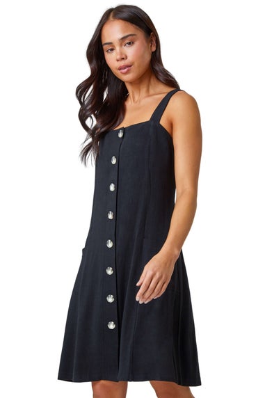 Roman Petite Black Petite Button Front Pocket Dress