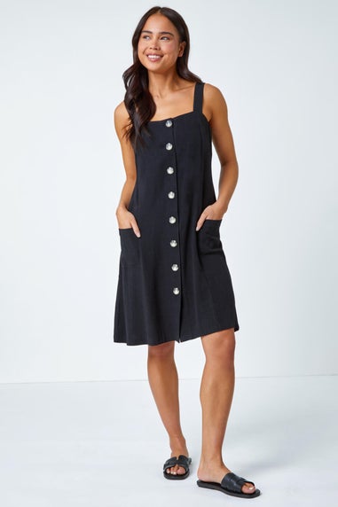 Roman Petite Black Petite Button Front Pocket Dress