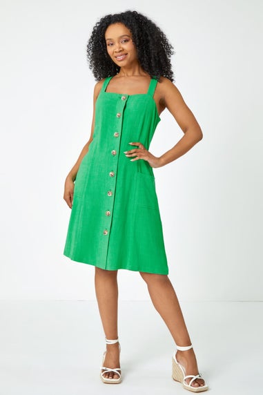 Roman Petite Green Petite Button Front Pocket Dress