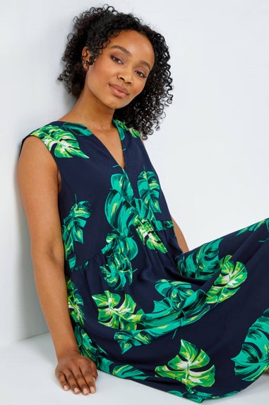 Roman Petite Navy Petite Tropical Print Smock Dress