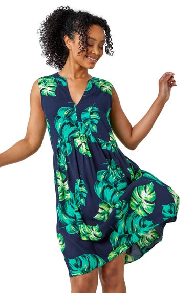 Roman Petite Navy Petite Tropical Print Smock Dress