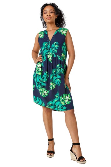 Roman Petite Navy Petite Tropical Print Smock Dress