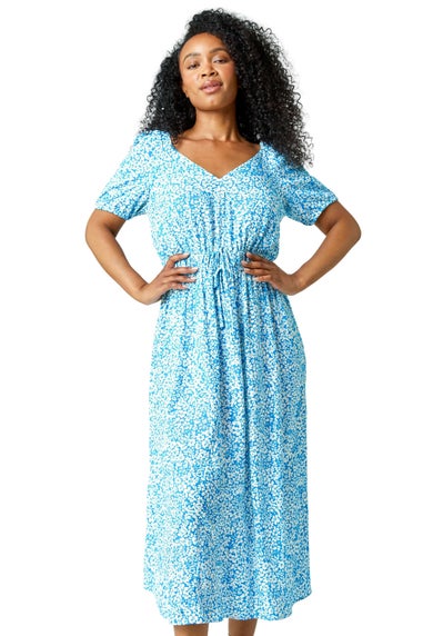 Roman Petite Blue Petite Ditsy Floral Stretch Midi Dress