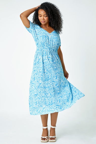 Roman Petite Blue Petite Ditsy Floral Stretch Midi Dress