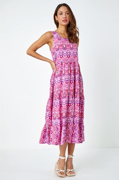 Roman Pink Sleeveless Aztec Print Smock Midi Dress