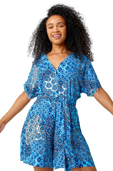 Roman Petite Blue Petite Aztec Print Playsuit