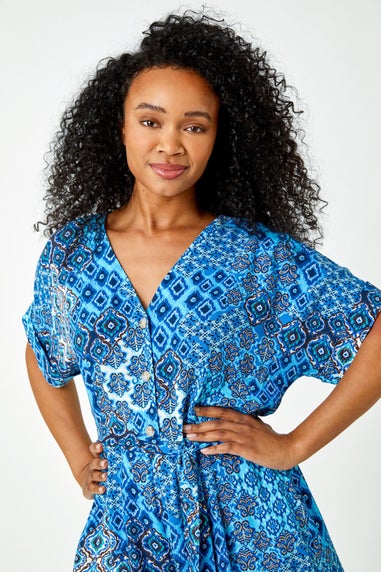 Roman Blue Petite Aztec Print Playsuit