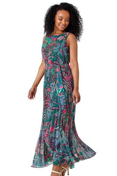 Roman Petite Green Petite Floral Pleated Chiffon Maxi Dress