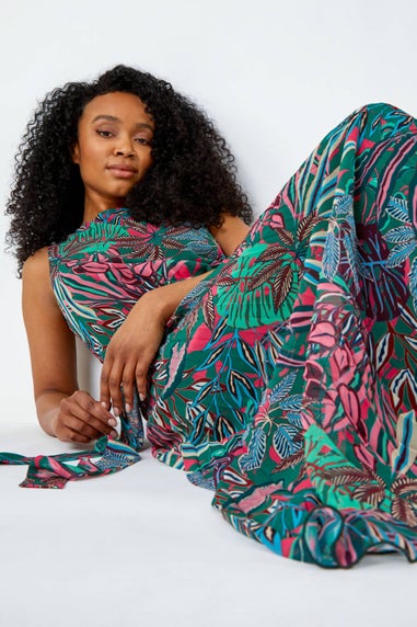 Roman Petite Green Petite Floral Pleated Chiffon Maxi Dress