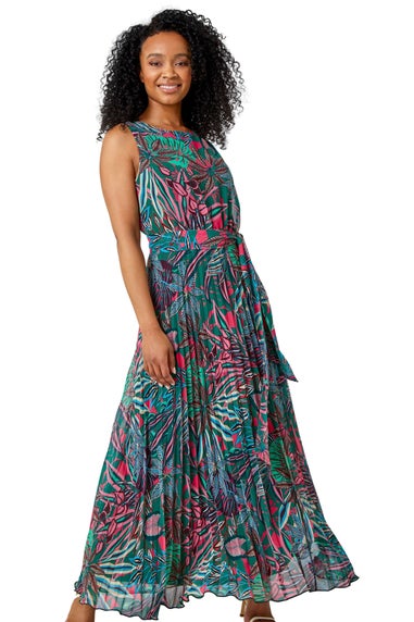 Roman Petite Green Petite Floral Pleated Chiffon Maxi Dress
