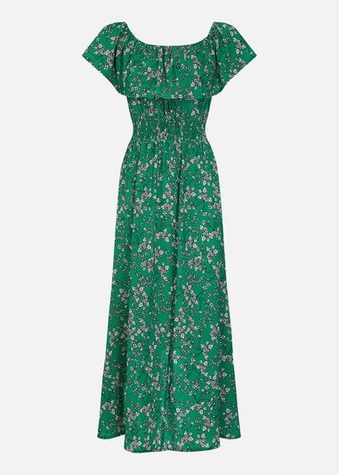 Mela Green Ditsy Print Bardot Dipped Hem Dress