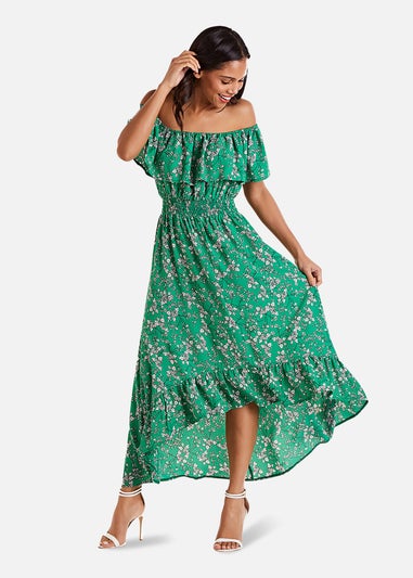 Mela Green Ditsy Print Bardot Dipped Hem Dress - Matalan