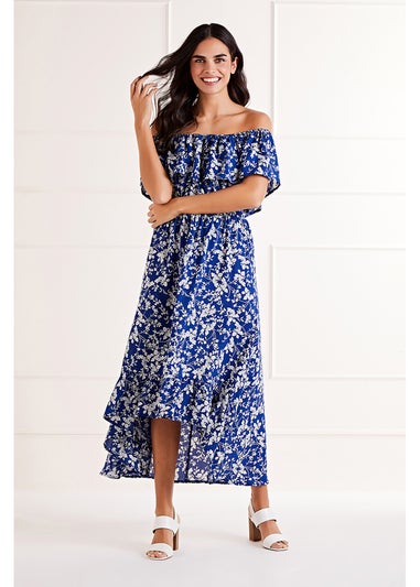 Mela Blue Ditsy Print Bardot Dipped Hem Dress