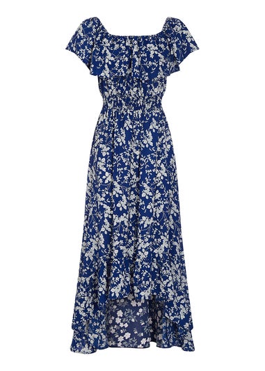 Mela Blue Ditsy Print Bardot Dipped Hem Dress