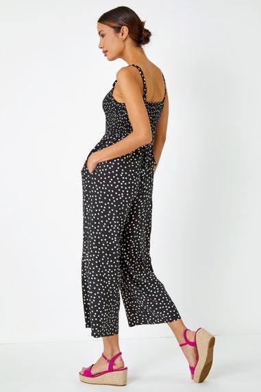 Roman Black Polka Dot Print Stretch Jumpsuit