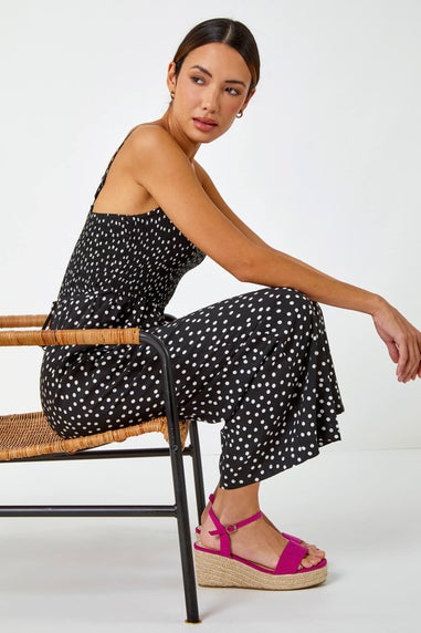 Roman Black Polka Dot Print Stretch Jumpsuit