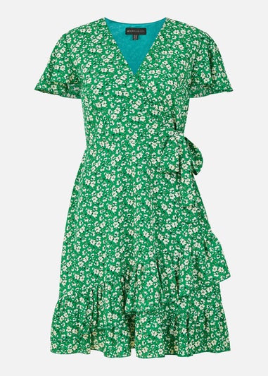 Mela Green Ditsy Floral Wrap Frill Dress