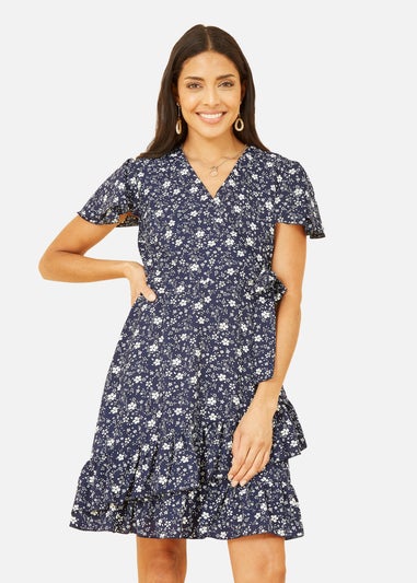 Mela Navy Ditsy Floral Wrap Frill Dress