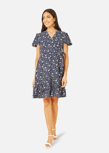 Mela Navy Ditsy Floral Wrap Frill Dress