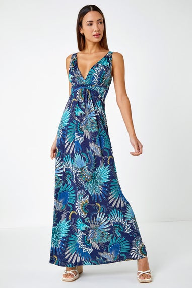 Roman Blue Sleeveless Floral Print Maxi Dress