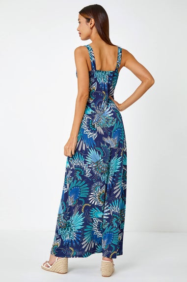 Roman Blue Sleeveless Floral Print Maxi Dress