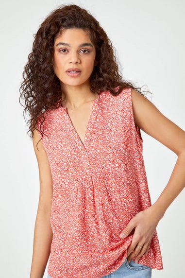 Roman Red Sleeveless V-Neck Ditsy Floral Print Top