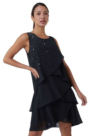 Roman Black Embellished Chiffon Frill Swing Dress