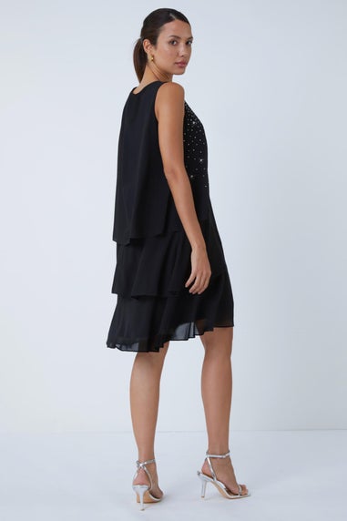 Roman Black Embellished Chiffon Frill Swing Dress