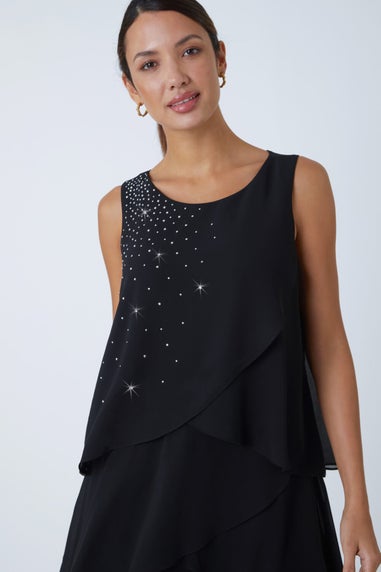 Roman Black Embellished Chiffon Frill Swing Dress