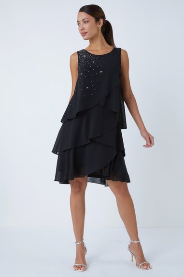 Roman Black Embellished Chiffon Frill Swing Dress