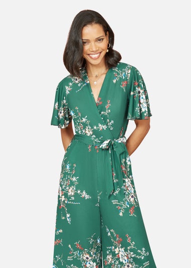 Mela Green Floral Print Jumpsuit With Angel Sleeves