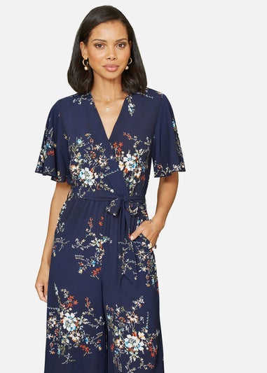 Mela Navy Floral Print Jumpsuit With Angel Sleeves