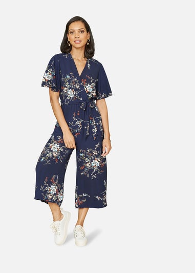 Mela Navy Floral Print Jumpsuit With Angel Sleeves