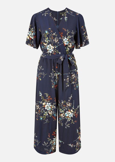 Mela Navy Floral Print Jumpsuit With Angel Sleeves