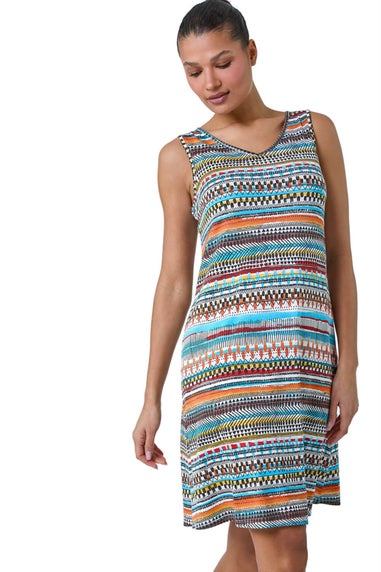 Roman Orange Aztec Stripe Stretch Pocket Swing Dress