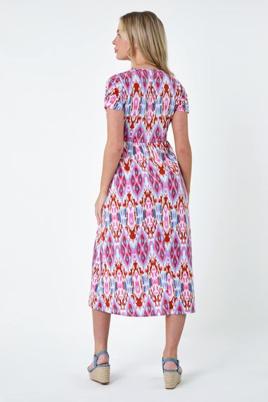 Roman Petite Pink Petite Aztec Print Stretch Pocket Midi Dress